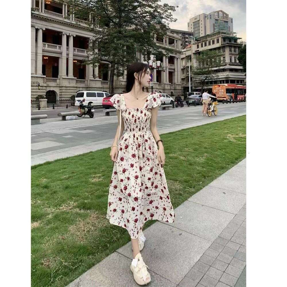 French Style Flutter Sleeve Square Neck Floral For Women Summer Vacation Beach Elegant Fairy Long Dress B5