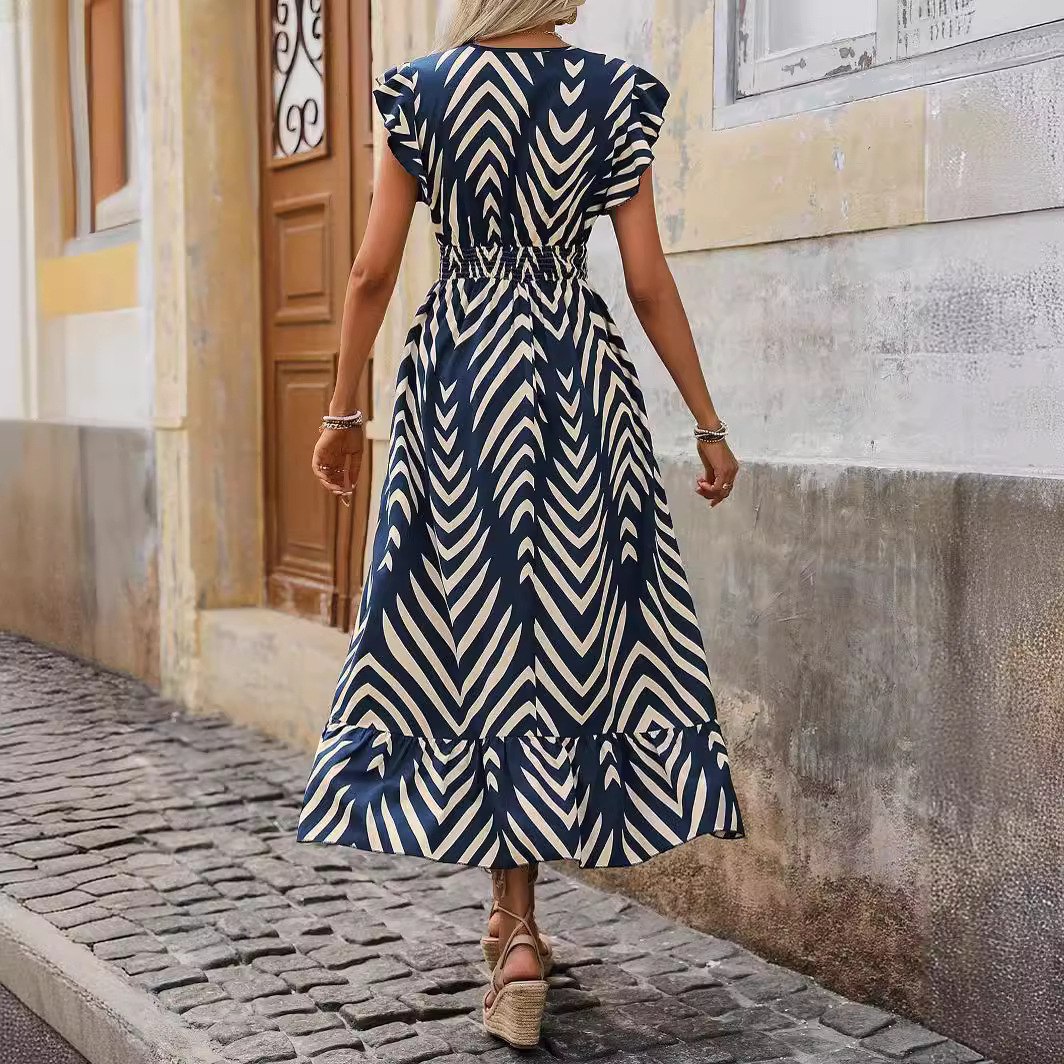 2025 New women's dress summer new V-neck elegant style women's dress new striped printed short sleeved pleated cuff dress new designer dress