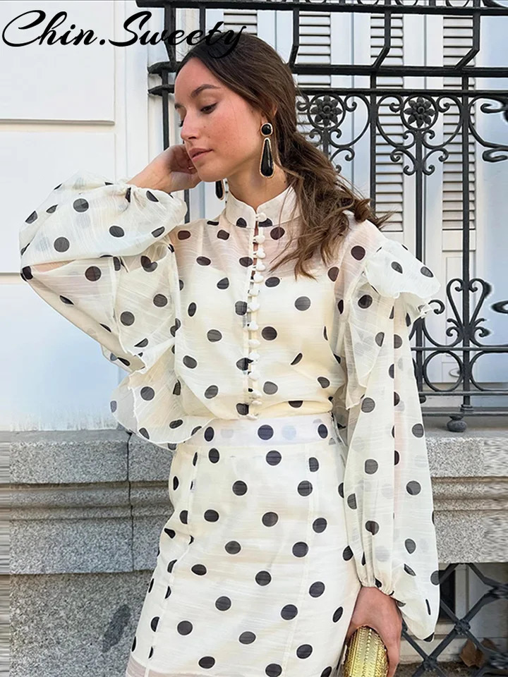 Bohemian Dot Print Women Top Skirt Set Urban Ruffled Full Sleeve Button Top Trumpet Skirt Summer Autumn Lady Outfits 250711