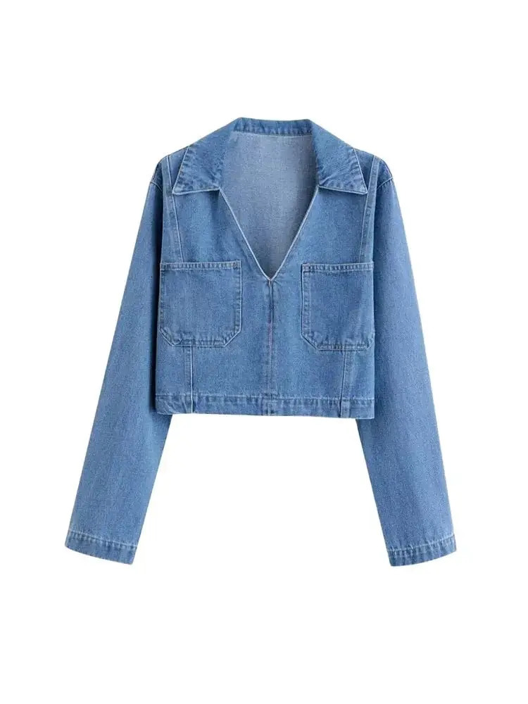 TRZALoose Denim Blouses with Pockets for Women Lapel Collar Long Sleeve Female Shirts Chic Tops Fashion 250704