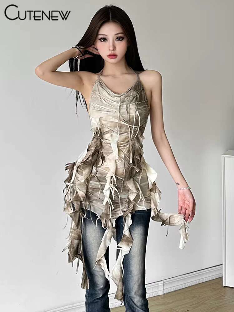 Nibber Halter Tie Dye Dress Stunning Women Hipster Tassel Ruched Backless Bandage Vestidos Female Y2K Summer Party Street Robe dongdumaoyi