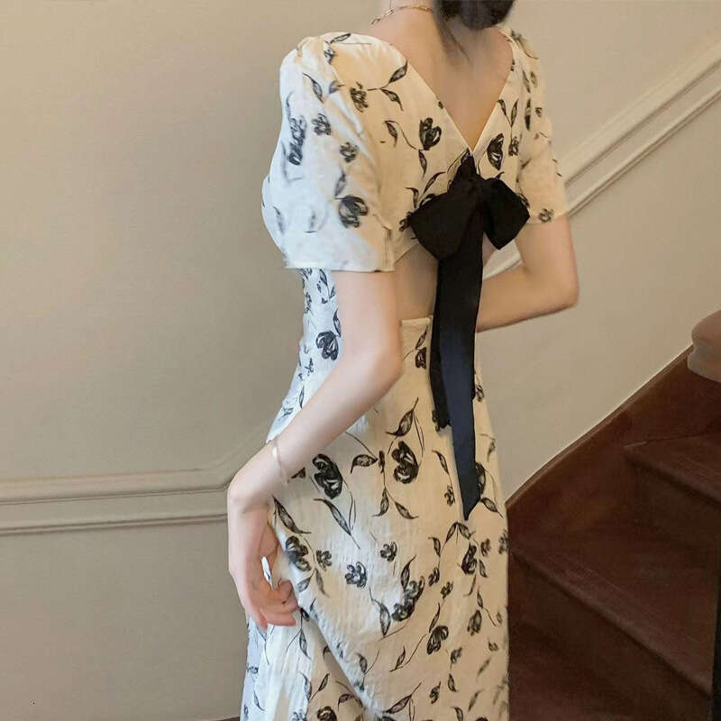 Tea Break French Puff Sleeve Floral For Women Summer New High-End Elegant Waist-Cinching Backless Long Dress B5