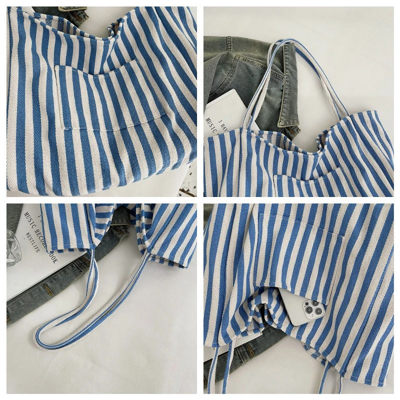 Summer Stripe Canvas Tote Bag Female Casual Large Capcity Handle Bag Simple Shoulder Bags Shopping Handbag Daily Bag 250704