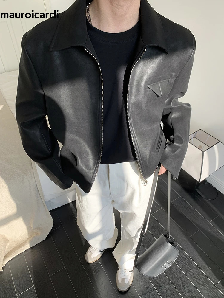 Mauroicardi Spring Autumn Cool Short Brown Soft Black Pu Leather Jacket Men Turn-down Collar Loose Casual Korean Clothes 250708