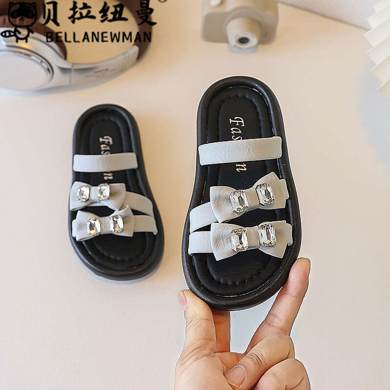 Choice Children's French Style Bowknot One-Strap 2025 Summer New Thick-Soled Rhinestone Sandals for Girls