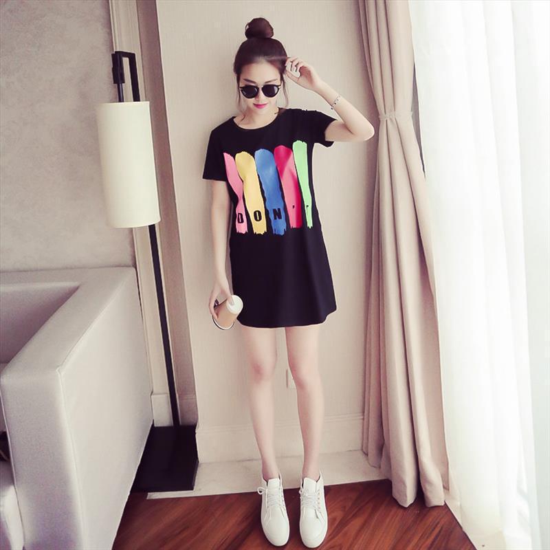 L895 Summer new Korean version loose printed round neck student short-sleeved T-shirt female mid-length dress female