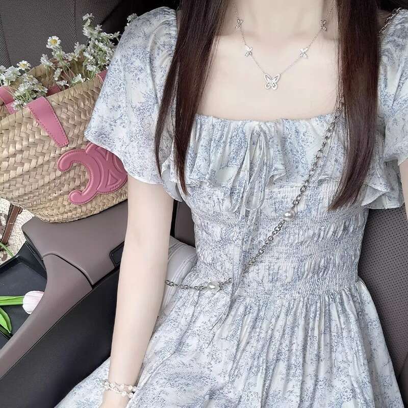 Gentle Floral French For Women Summer New Waist Slimming Vacation Style Elegant Square Neck Long Dress B5