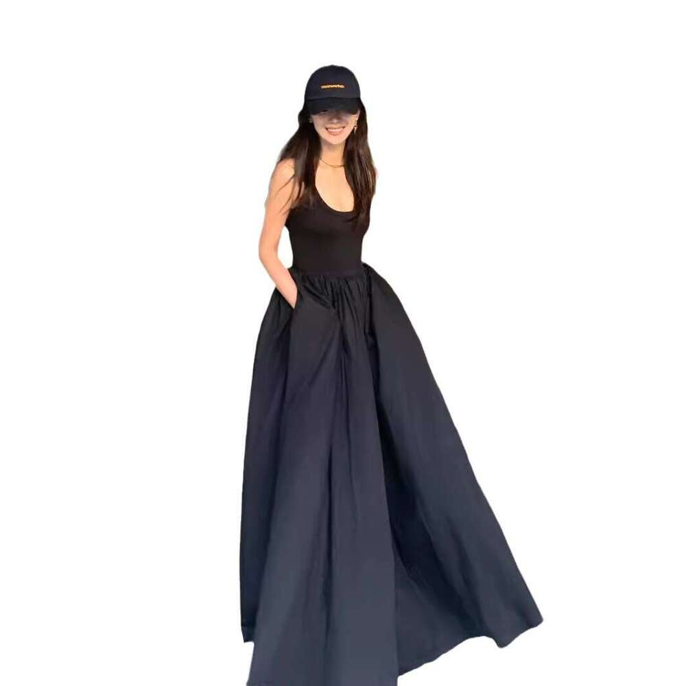 Korean Version Simple Black Dress For Women, Niche Design, Strap Vest, Sleeveless Long Dress, Summer Small Size Women B5