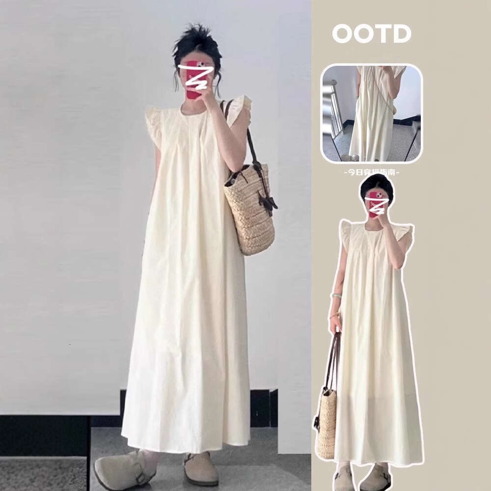 New Flying Sleeve Plus Size MM Beach Vacation Round Neck French Style High-End Loose Slimming Elegant Long Dress B5