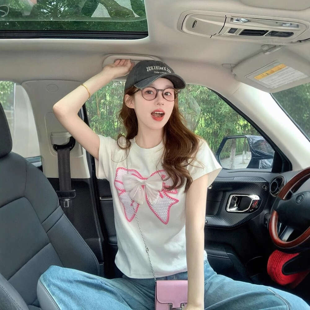 Sweet Style White Bowknot Off-Shoulder Short Sleeve T-Shirt For Women Summer New Loose Casual Youthful Design Top B5 h7