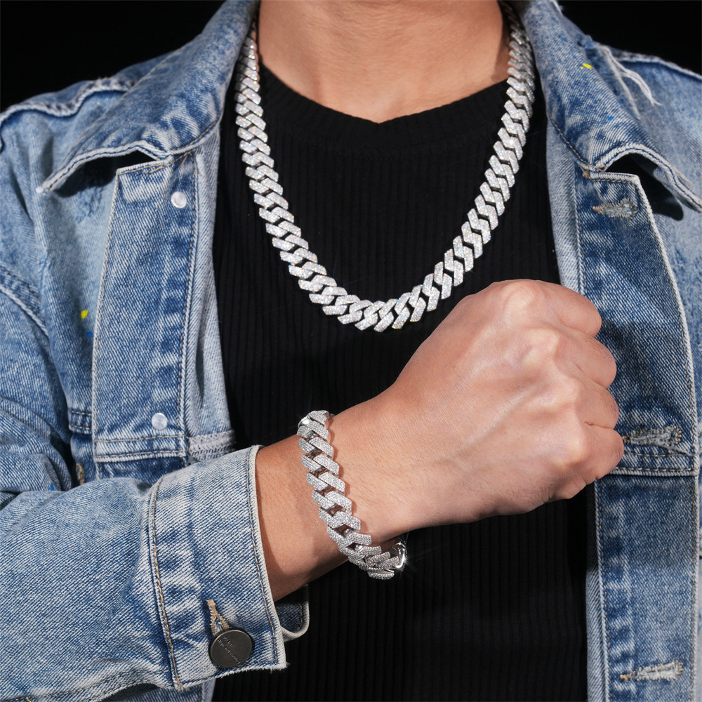 Hot Sale VVS Iced Out Moissanite Pass Diamond Test 925 Silver Gold Hip Hop 2Rows 15mm Cuban Link Chain Necklace Fine Jewelry