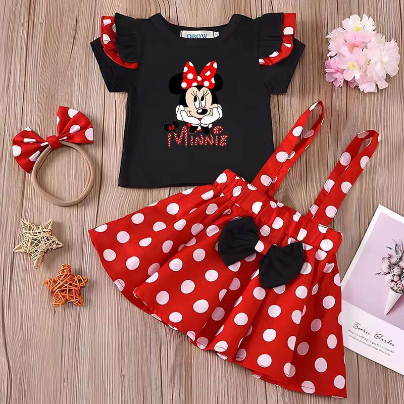 Minnie Mouse Girl Children Dress Baby Clothing Set Summer Birthday Costume Polka Dot Suspender Skirt Bow Headband skirt suit dongdumaoyi