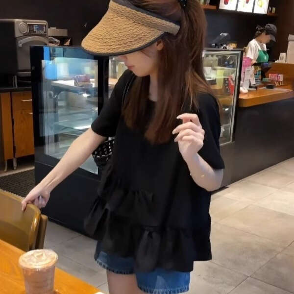 Summer Age-Reducing French Ruffle Short Sleeve T-Shirt For Women Loose Slimming Stylish Top B5 h7