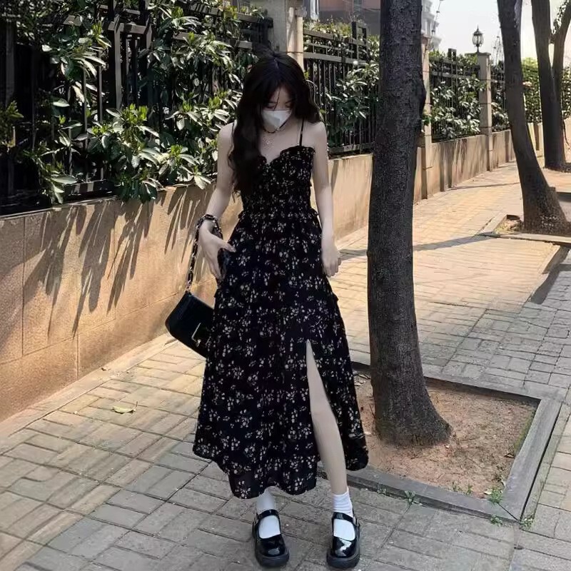 2025 New Women's Dress Black Sweet Flower Lace Dress Women's Summer New Elegant Dress Split Long Dress New Designer Dress