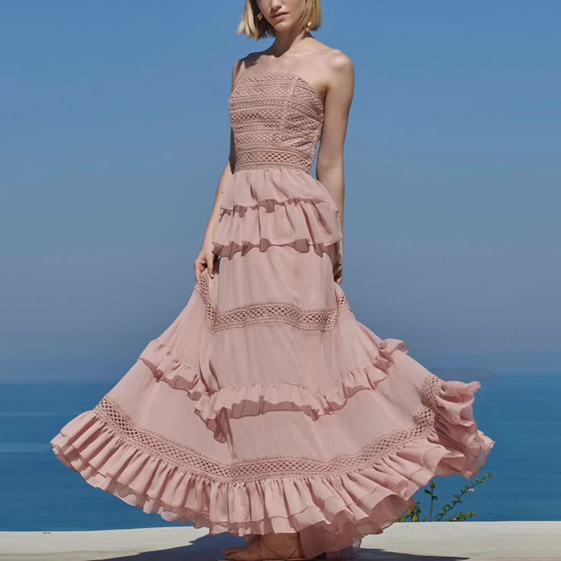 Canwedance Summer Beach Dress Sleeveless Cotton Maxi Dress Bohemian Style Solid Color Lace Ruffle Sundress Inkless Tank Top 241230