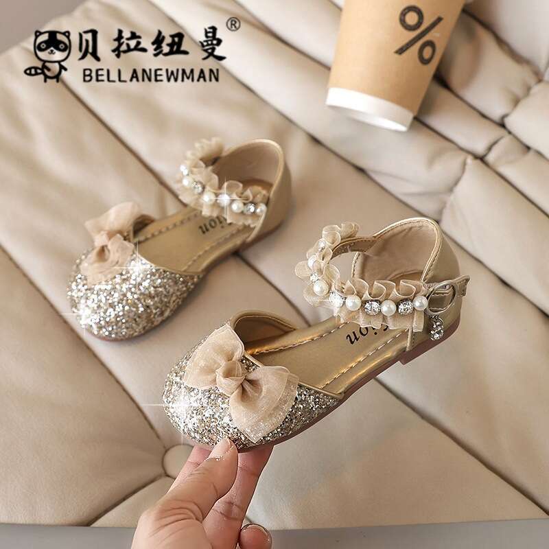 SHEIN Crystal Sequin 2025 Summer New Girls' Pearl Bow Princess Sandals Children's Shoes