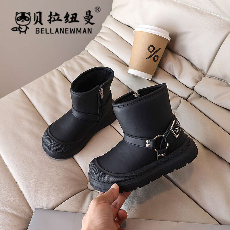 Boys' Black Short 2024 Winter New Korean Style Girls' Casual Boots for Older Children Non-Slip Cotton Shoes Trendy