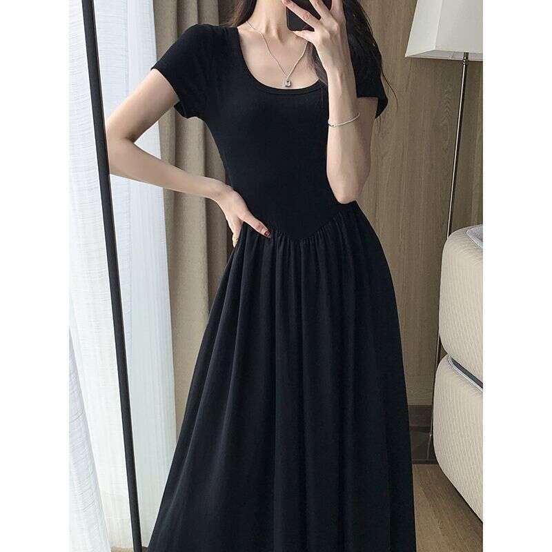 Plus Size Korean Hepburn Style Square Neck Short Sleeve Patchwork For Women Summer Waist Slimming Elegant Age-Reducing Long Dress B5