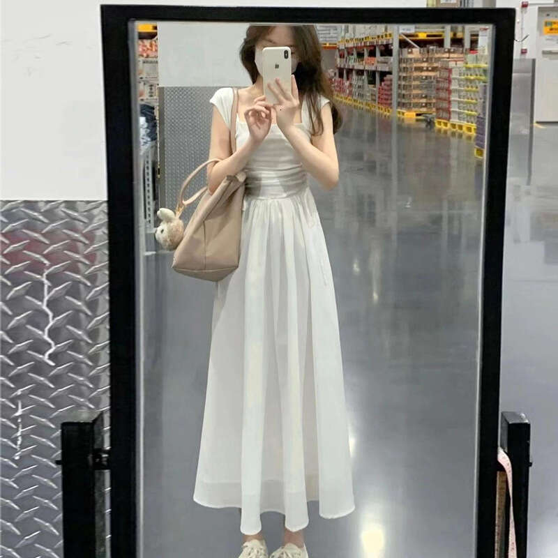 White Summer Women's Fashion New French Style High-End Elegant Long Waist-Cinching Slimming Fairy Dress B5