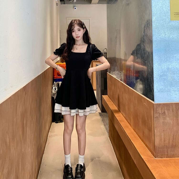 Hepburn Style Black French For Women Summer New Small Petite Elegant Waist-Cinching High-End Short Dress B5