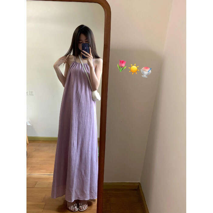Purple Loose Strap For Women Summer New Vacation Gentle Long Chic Sleeveless A-Line Dress B5