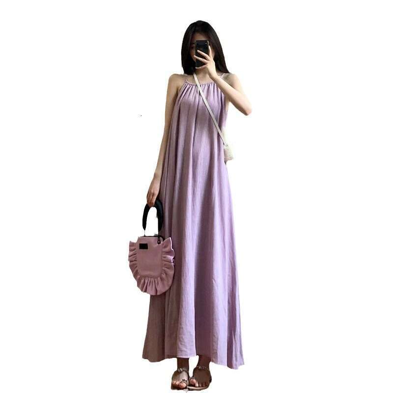 Purple Loose Strap For Women Summer New Vacation Gentle Long Chic Sleeveless A-Line Dress B5