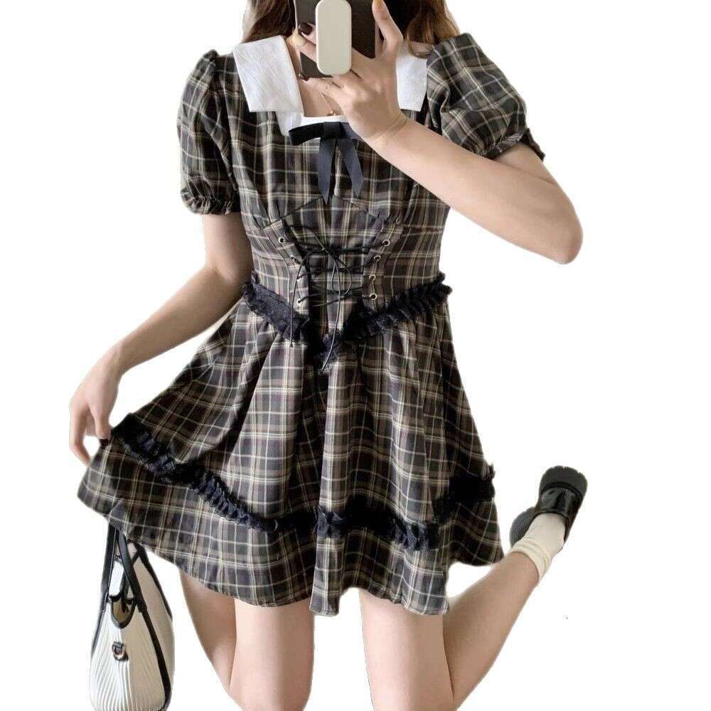 French Black Plaid For Women Summer New Korean College Style Puff Sleeve Waist-Cinching Short Dress B5