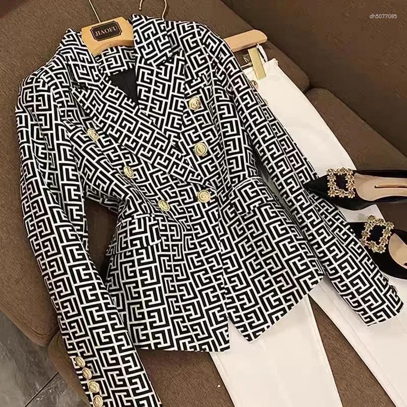 Women's Blouses France Fashion Double Breasted Pink Geometric Jacquard Slim Suit Jacket Vintage Aesthetic Office Lady Formal Coats
