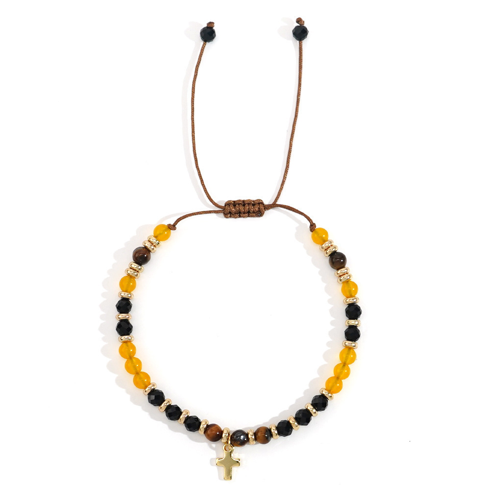 Colorful Natural Stone Bracelet with Turquoise and Gold Spacer Alloy Pendant Wax Thread Braided Bracelet Cross Half Bracelet 240723