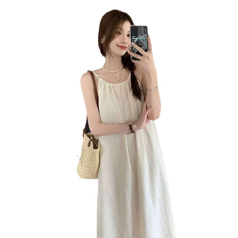 French Style Spaghetti Strap Fairy Summer Sweet Fresh White Beach A-Line Loose Sleeveless Long Dress B5