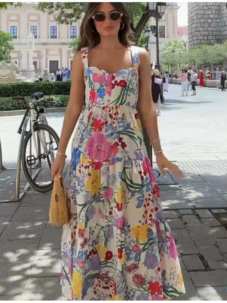 Zevity 2024 Women Sweet Floral Print Tierred Sling Midi Dress Female Chic Side Zipper Patchwork Pleats Vestidos DS6200 dongdumaoyi