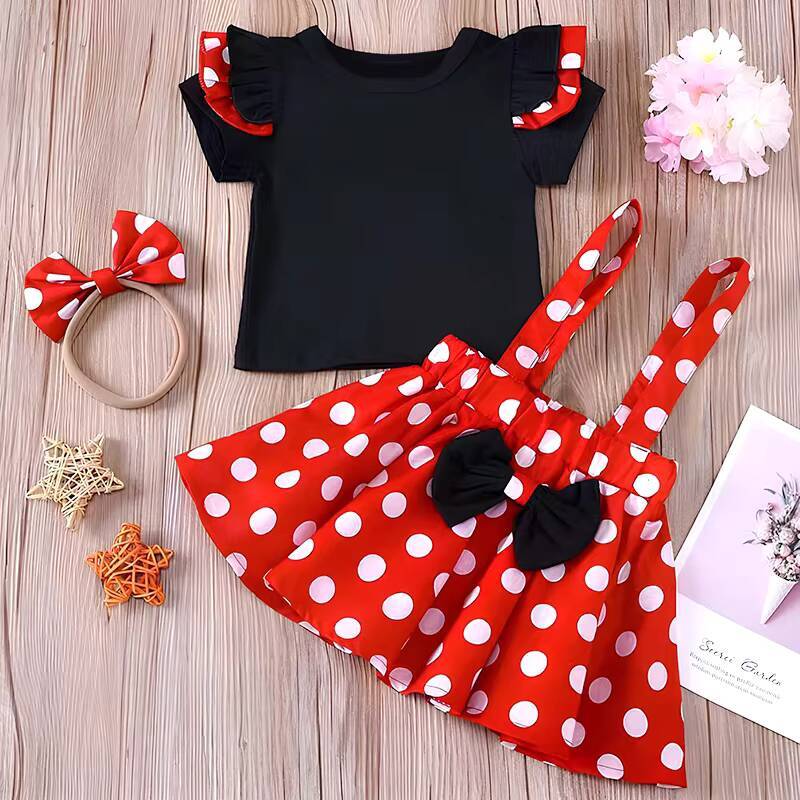Minnie Mouse Girl Children Dress Baby Clothing Set Summer Birthday Costume Polka Dot Suspender Skirt Bow Headband skirt suit dongdumaoyi