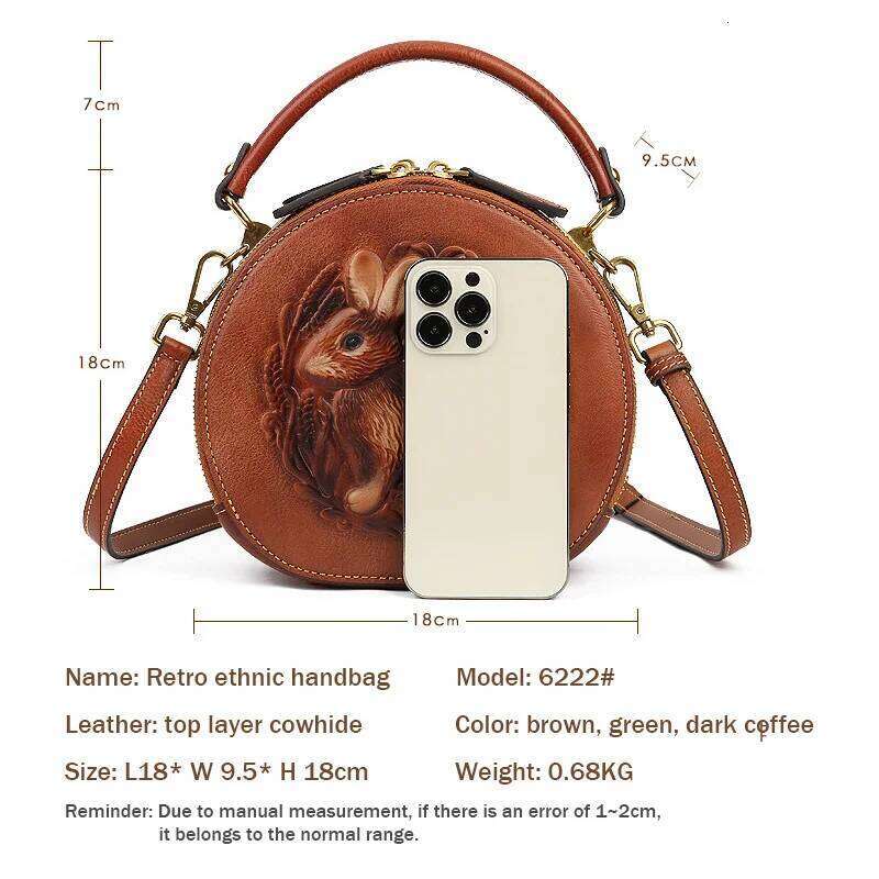 New Retro Round Women's Genuine Leather Handbags For Ladies Designer Rabbit Emed Shoulder Messenger Bags