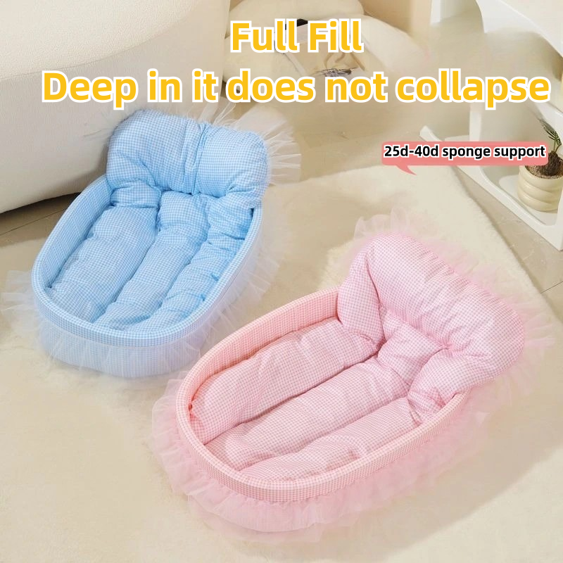 All year round universal pet bed: reversible mats for winter and summer, decorated with cute ruffles