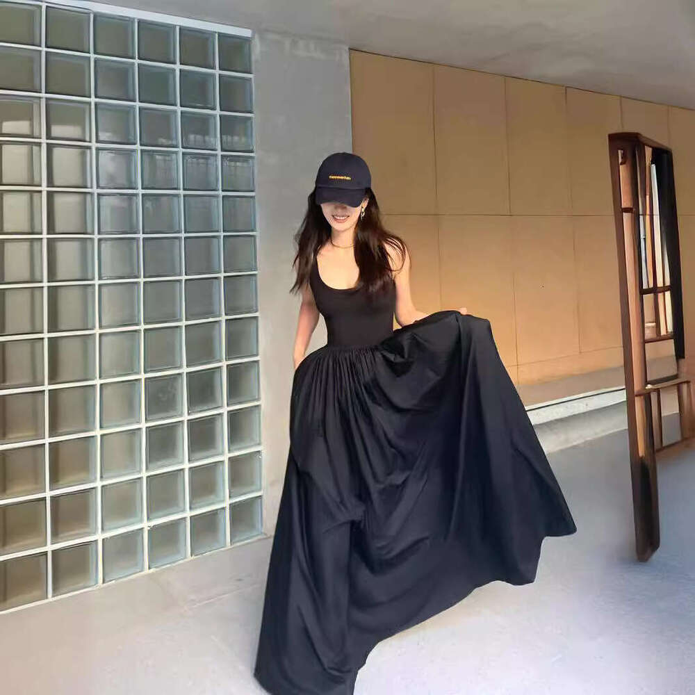 Korean Version Simple Black Dress For Women, Niche Design, Strap Vest, Sleeveless Long Dress, Summer Small Size Women B5