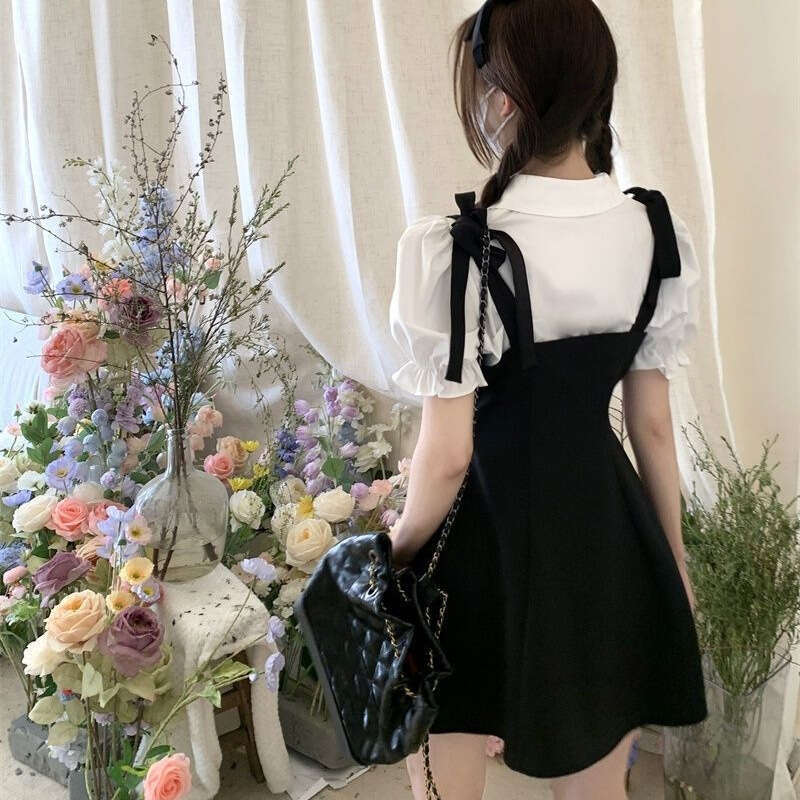 College Style Suit Petite Elegant Sleeve Shirt Black Strap Dress Two-Piece Set Waist-Cinching A-Line Short Skirt B5