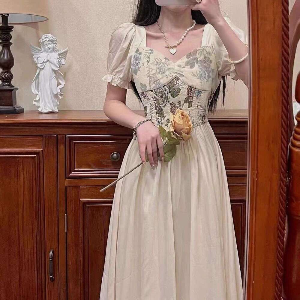 French Hepburn Style Square Neck Puff Sleeve For Women Summer New Waist-Cinching Slimming Elegant Floral Long Dress B5