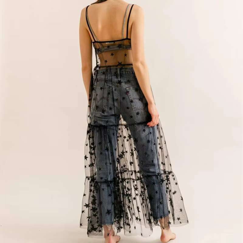 Spaghetti Dresses Straps See Through Summer Sweet Tulle Long Women Fashion Bling Dress dongdumaoyi