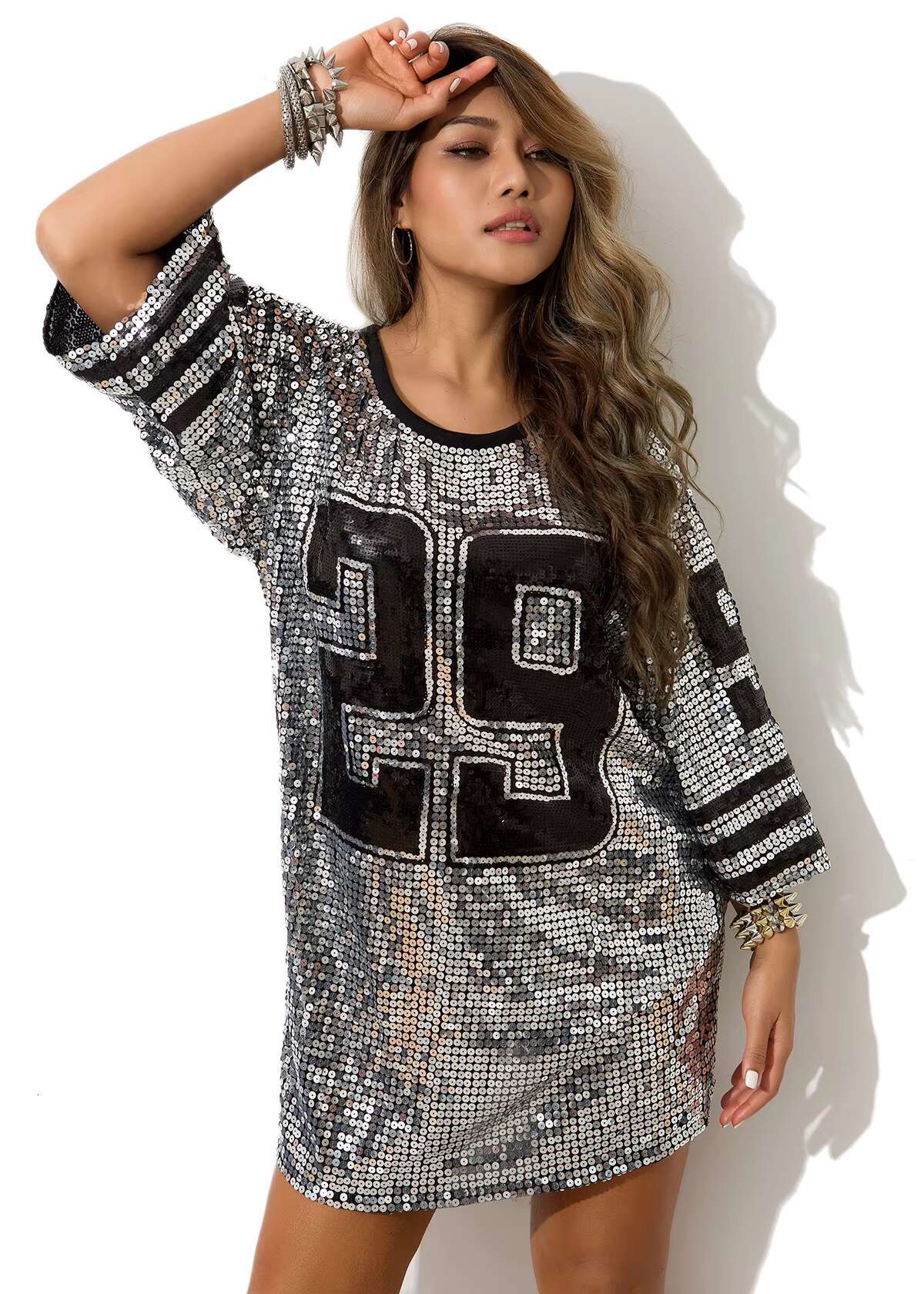 Chic Woman Loose Oversized SequinT-shirt Hip hop Half Sleeve Jersey Sequined Dress Streetwear Dance Performance Costume dongdumaoyi