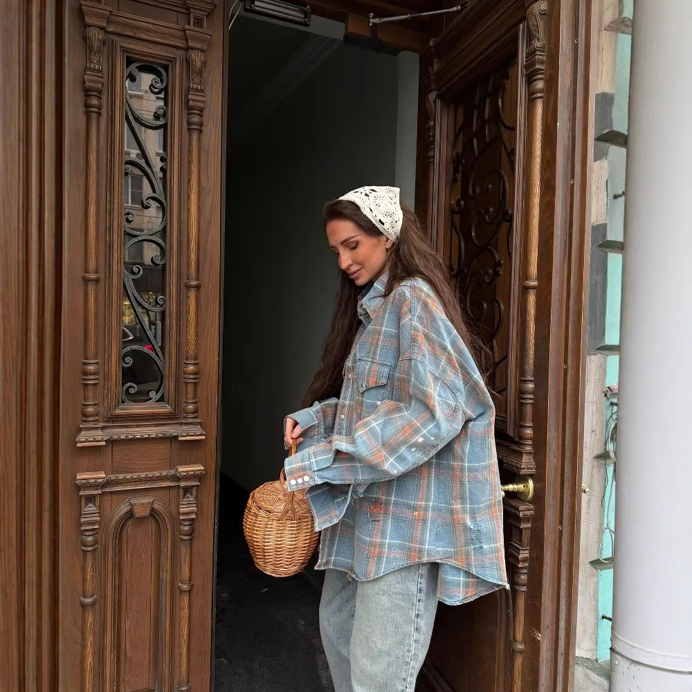 Denim Plaid Shirt Coat Womens Loose Single Breasted Turndown Collar Full Sleeve Tops 2025 Summer Ladies Fashion Streetwear 250704