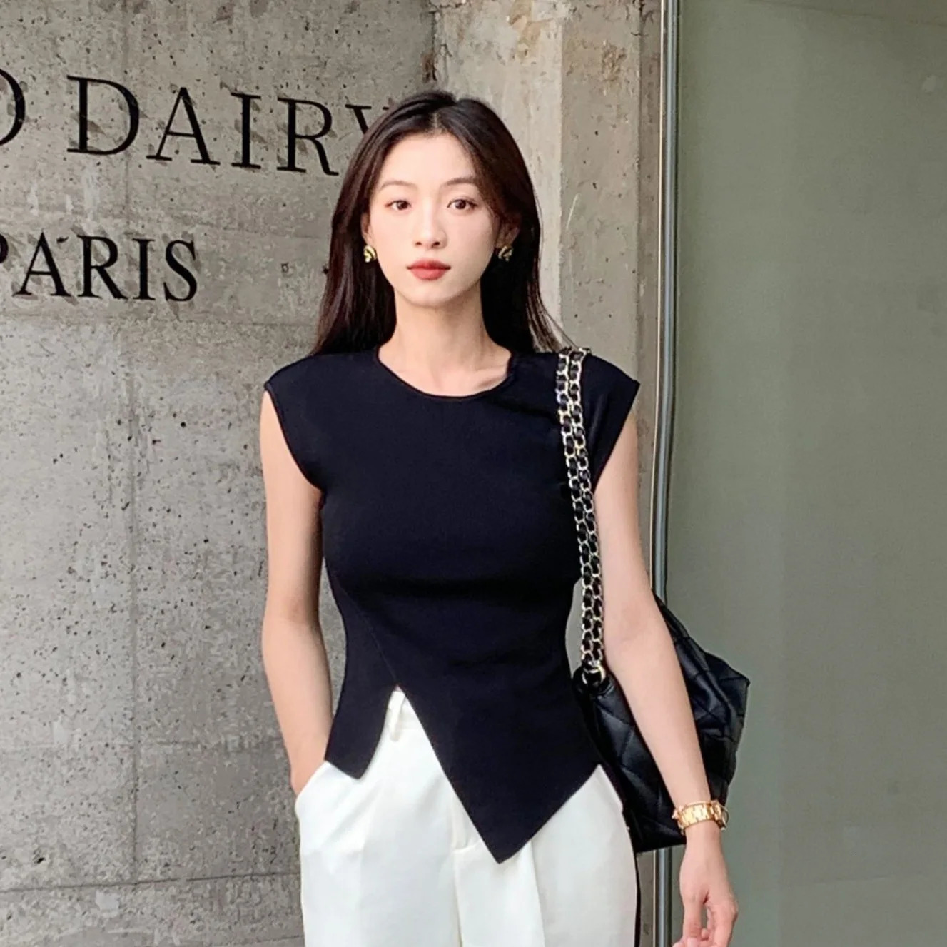 Viscose High Stretch Crewneck Slim Fit Ribbed Women Top SpringSummer Asymmetrical Hem Chic Tshirt Office Casual Knit Blouse 250708