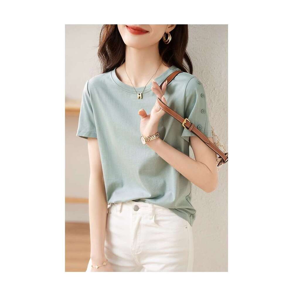 100% Cotton Mint Green Button Short Sleeve T-Shirt For Women Summer New Simple Fashion Commuter Solid Color Plus Size Top B5 h7