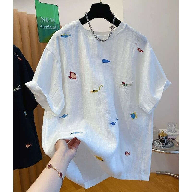 White Animal Embroidery Round Neck Short Sleeve T-Shirt For Women Summer New Loose Casual Korean Style Top B5