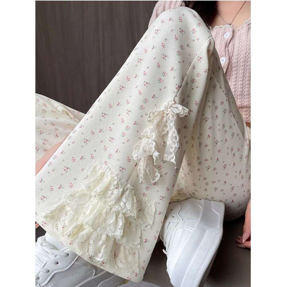 Summer New Lace Floral Flared Women Versatile Slimming Casual Bell Bottom Bowknot Wide Leg Long Pants B5