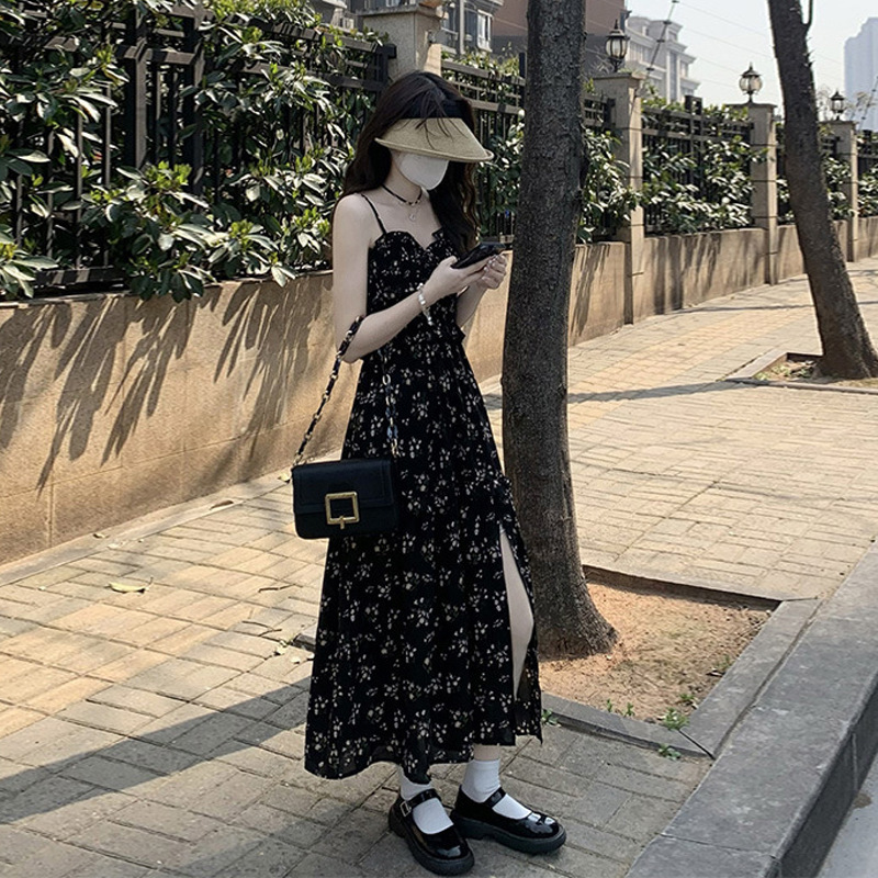 2025 New Women's Dress Black Sweet Flower Lace Dress Women's Summer New Elegant Dress Split Long Dress New Designer Dress