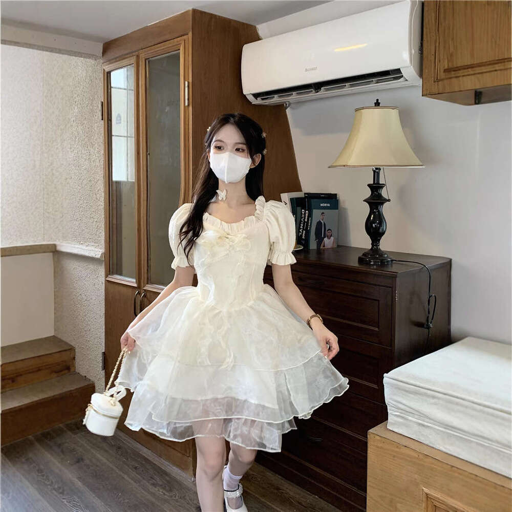 Sweet Fairy Princess Style Ruffled Square Neck For Women Summer New Short Sleeve Waist-Cinching Puffy Cake Dress B5