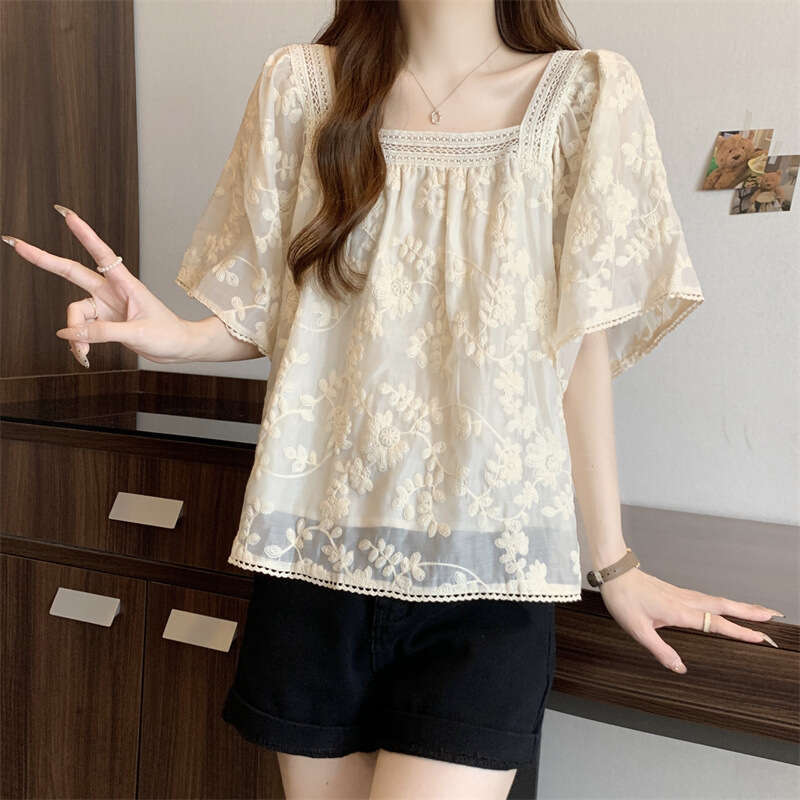 Plus Size French Style Mesh Lace Short Sleeve T-Shirt For Women Summer New High-End Fashionable Versatile Sweet Top B5