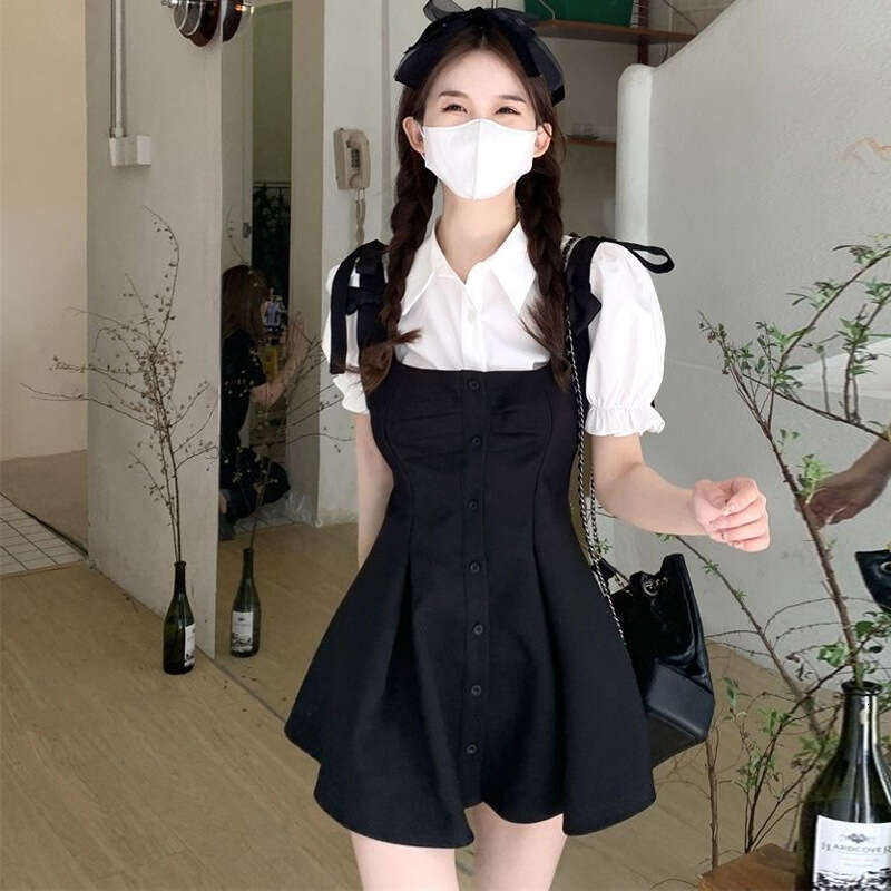 College Style Suit Petite Elegant Sleeve Shirt Black Strap Dress Two-Piece Set Waist-Cinching A-Line Short Skirt B5