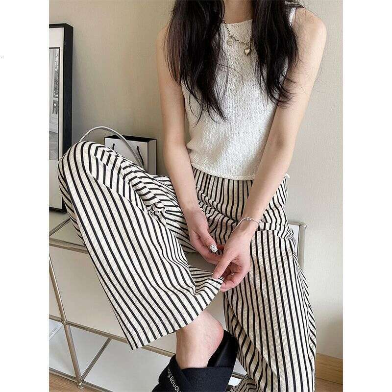 Striped Lazy Casual For Women, Summer Thin Style, Plus Size Loose Fit, Slimming Pear Shape Body, Draped Wide Leg Pants B5
