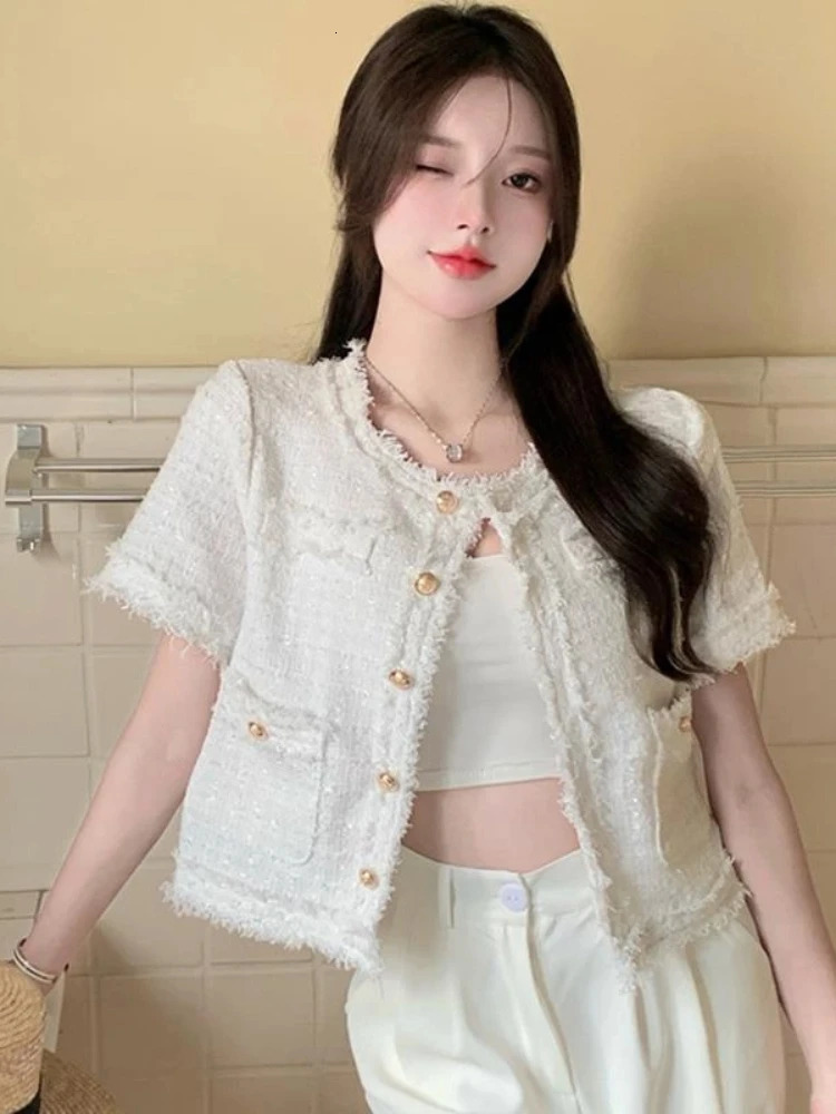 Fashion Tweed Jacket Women Spring Vintage Elegant Coat Single Breasted Blazer Ladies All Match Chic Short Outerwear Tops 250709